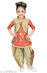 Red cotton blend Patiala suit for girls, Hariyal Creation embroidered anarkali design, party/casual wear for ages 3-9 years